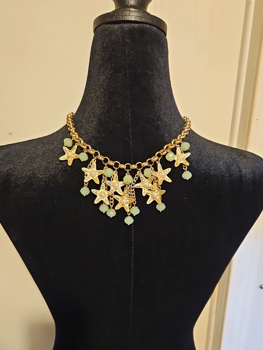 Gold Starfish Charm Necklace with Mint Beads